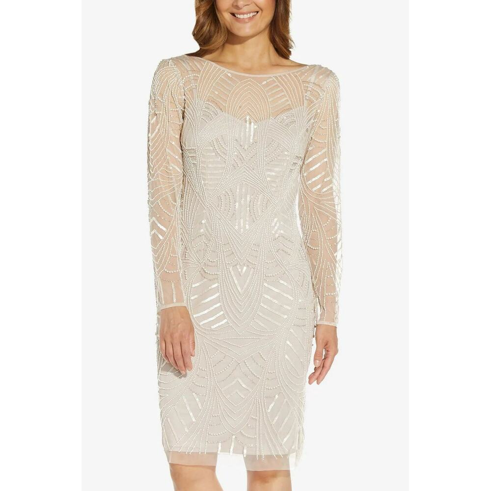 Adrianna Papell Sequin Beaded Cocktail Sheath Dress Biscotti Size 10 NWT